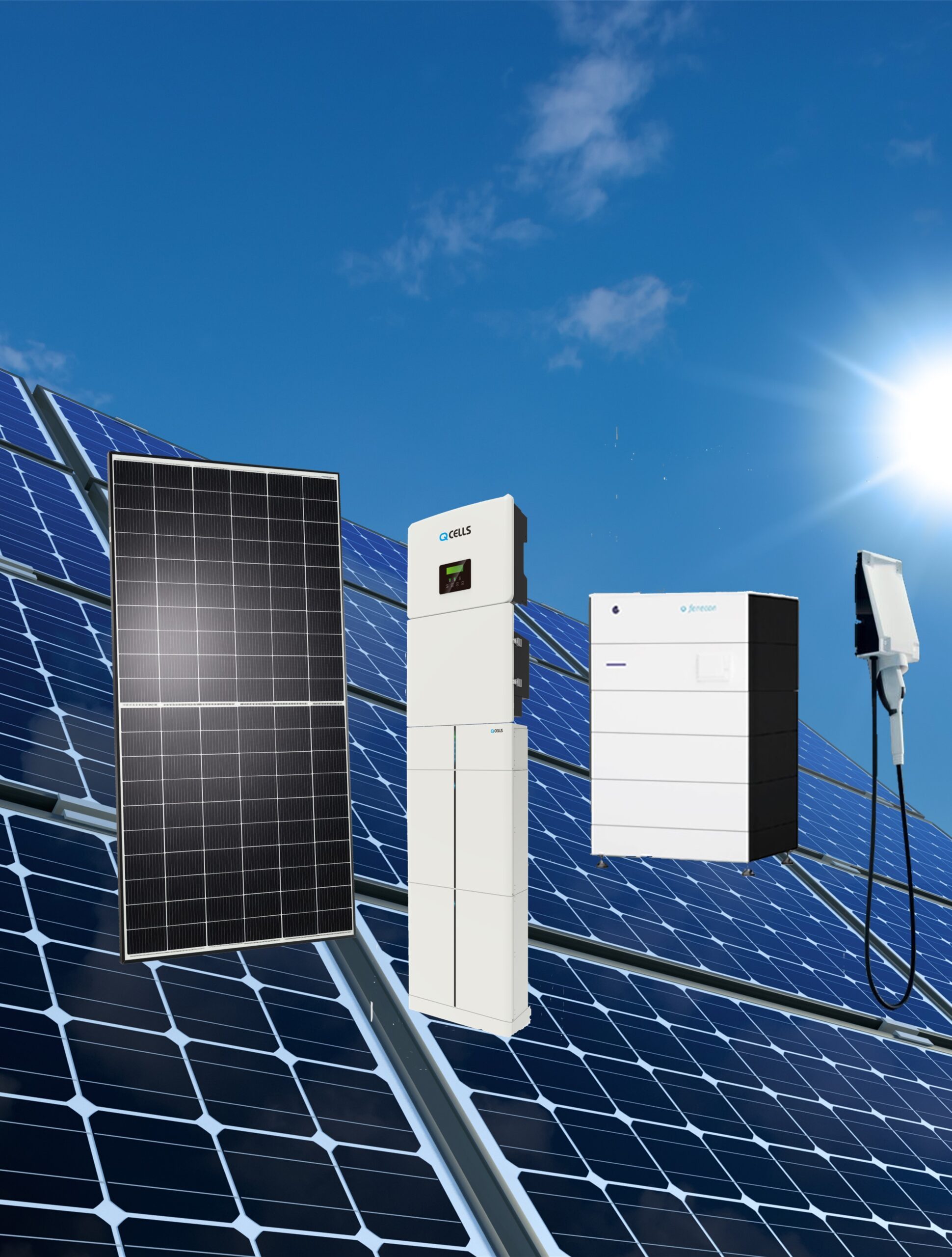 Solarmodul, Wechselrichter, Batteriespeicher und Wallbox nebeneinander