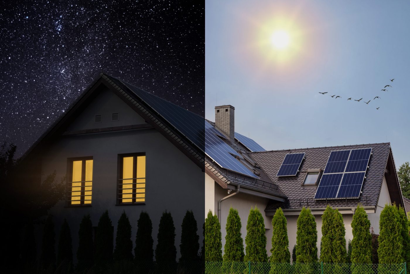 Haus mit Photovoltaikanlage bei Tag und bei Nacht